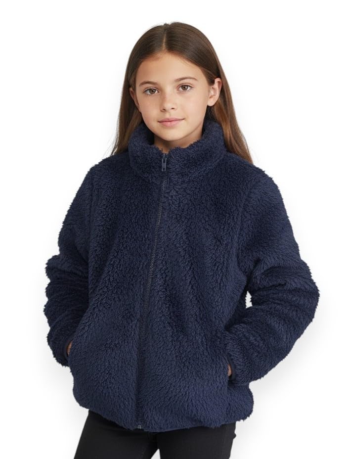 Alan Jones Clothing Girls Furry Fleece Full-Zip Jacket | Soft Fluffy Winter Wear | Cozy Warm Outerwear with Chin Guard & Easy Pull Zipper (Navy_12-13 Years) - Image 1