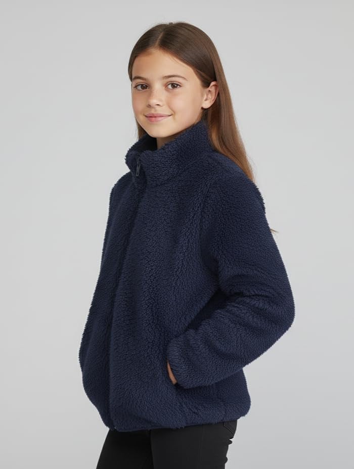 Alan Jones Clothing Girls Furry Fleece Full-Zip Jacket | Soft Fluffy Winter Wear | Cozy Warm Outerwear with Chin Guard & Easy Pull Zipper (Navy_12-13 Years) - Image 3
