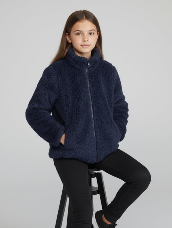 Alan Jones Clothing Girls Furry Fleece Full-Zip Jacket | Soft Fluffy Winter Wear | Cozy Warm Outerwear with Chin Guard & Easy Pull Zipper (Navy_12-13 Years) - Image 2