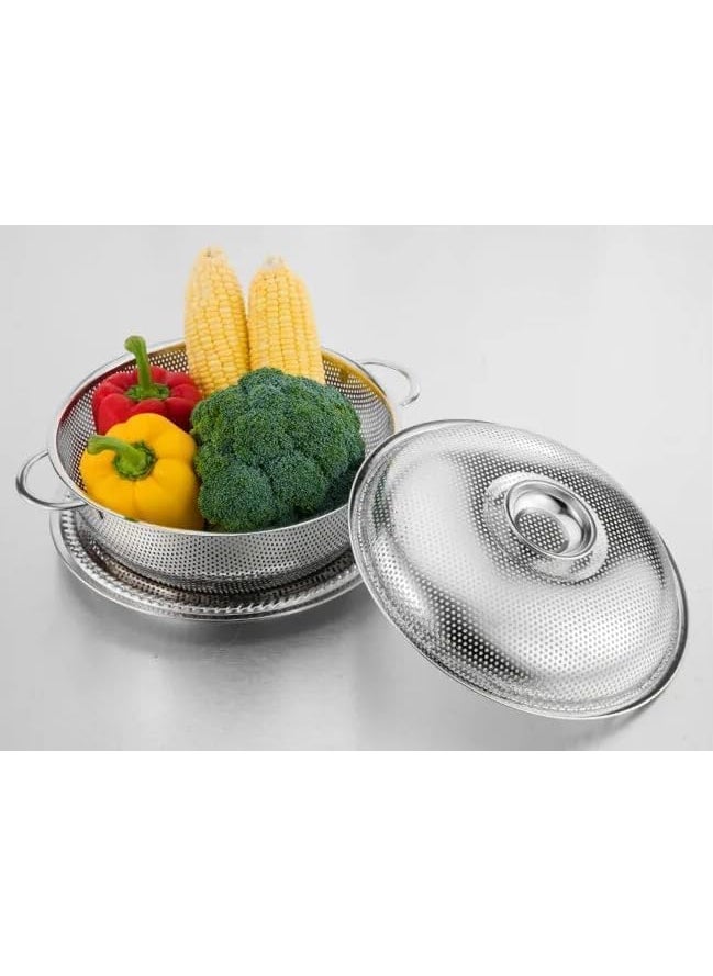 Darkness - DARKNESS Multipurpose Stainless Steel Drain Basket Rice Sieve Fruit and Vegetable Basket Multi-Purpose Drain Basket for Home Kitchen Fruit Basket with Cover and Plate - Image 1
