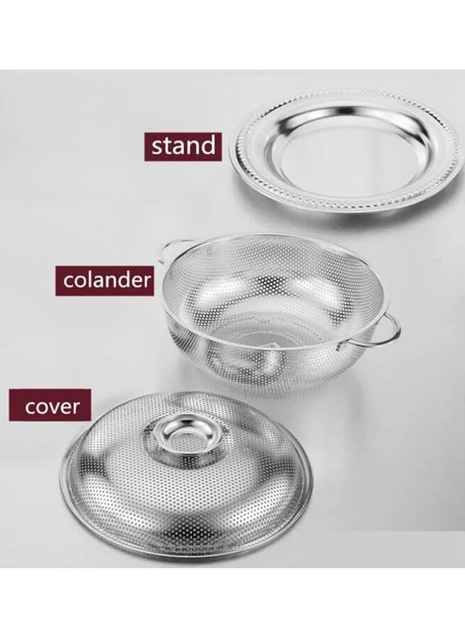 Darkness - DARKNESS Multipurpose Stainless Steel Drain Basket Rice Sieve Fruit and Vegetable Basket Multi-Purpose Drain Basket for Home Kitchen Fruit Basket with Cover and Plate - Image 1