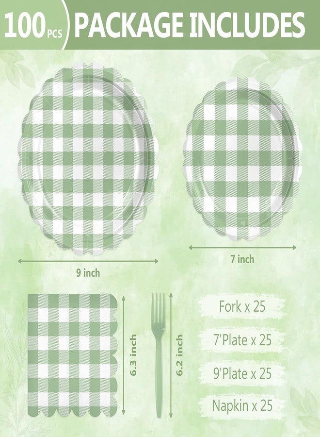 Mulbozy 100 Sage Green Gingham Plates and Napkins Disposable Set Includes 25-9" & 25-7" Dessert Cake Scalloped Plates, Cocktail Napkins, Forks for for Holiday Party Supplies - Image 2