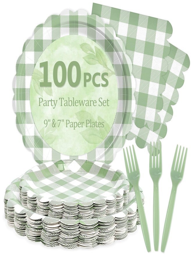 Mulbozy 100 Sage Green Gingham Plates and Napkins Disposable Set Includes 25-9" & 25-7" Dessert Cake Scalloped Plates, Cocktail Napkins, Forks for for Holiday Party Supplies - Image 1