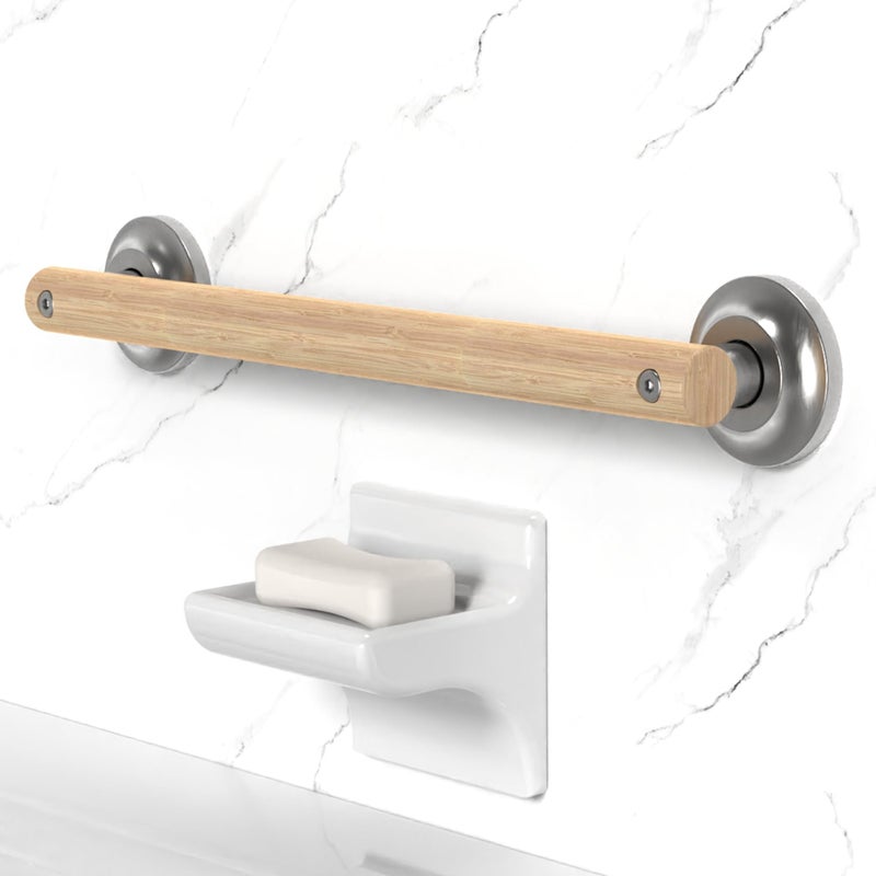 AquaChase Natural Bamboo Grab Bar for Bathroom Toilet ADA Compliant Balance Assist Handrail for Handicap and Seniors 16in Brushed Nickel - Image 2