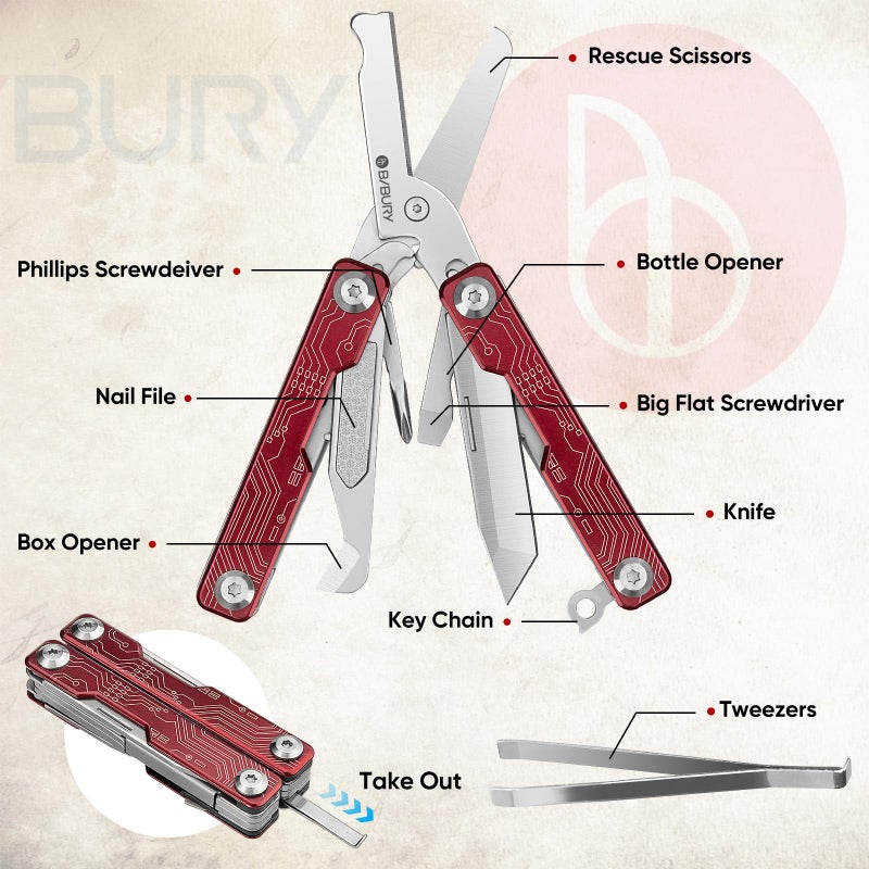 BIBURY Mini Keychain Multitool Scissors BI2061R, 9 in 1 Multitool EDC Scissors with Screwdriver, Bottle Opener, Pocket Knife, Spring -Mini Multi Tool for Outdoor, Daily Use, Gifts for Men and Women - Image 2