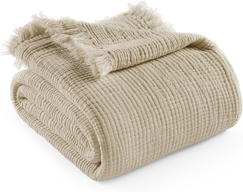 Exclusivo Mezcla Muslin Throw Blanket - 4 Layers Breathable Cotton Gauze Blanket with Fringes, Soft Decorative Throw for Couch, 50"x70", Beige - Image 2