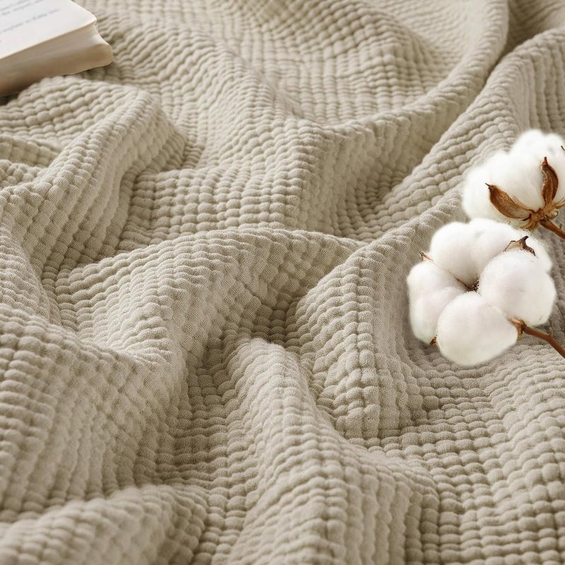 Exclusivo Mezcla Muslin Throw Blanket - 4 Layers Breathable Cotton Gauze Blanket with Fringes, Soft Decorative Throw for Couch, 50"x70", Beige - Image 1