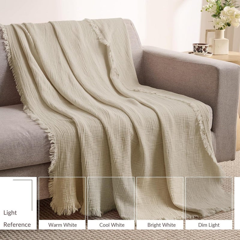 Exclusivo Mezcla Muslin Throw Blanket - 4 Layers Breathable Cotton Gauze Blanket with Fringes, Soft Decorative Throw for Couch, 50"x70", Beige - Image 5