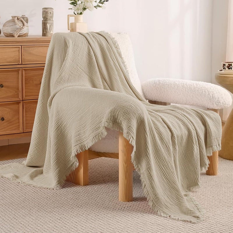Exclusivo Mezcla Muslin Throw Blanket - 4 Layers Breathable Cotton Gauze Blanket with Fringes, Soft Decorative Throw for Couch, 50"x70", Beige - Image 3