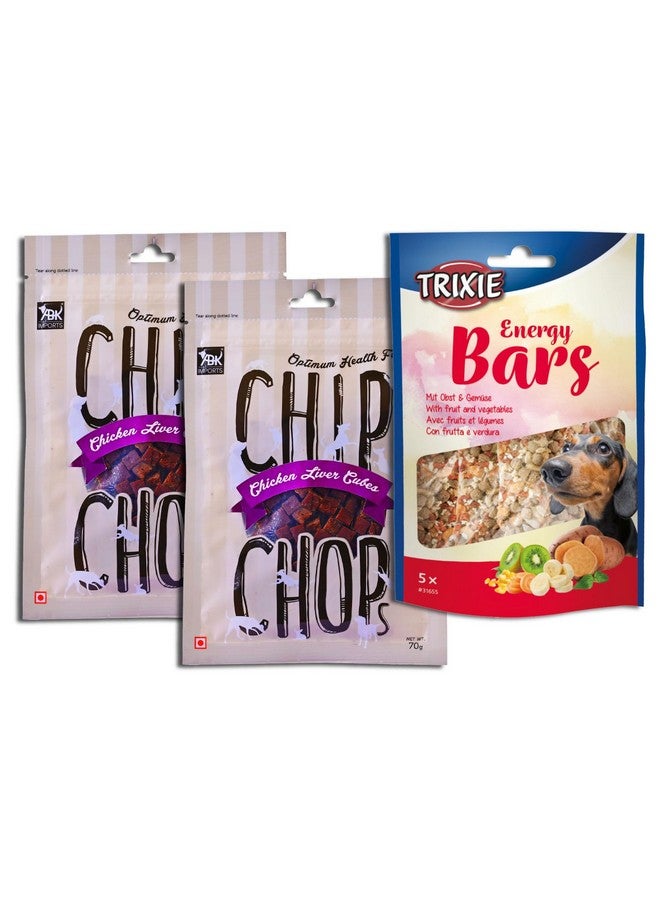تريكسي أشرطة الطاقة بالفواكه والخضروات للكلاب، 100 جرام وعبوتين من شرائح البطاطس ومكعبات كبد الدجاج للكلاب، 70 جرام - مناسبة لجميع سلالات الكلاب - Image 1
