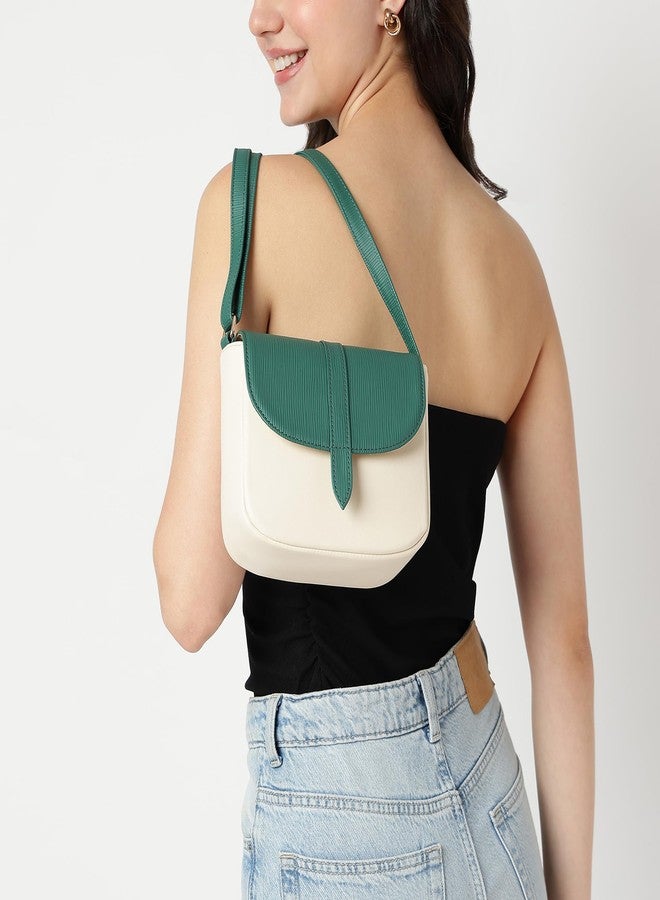 Fastrack RufflePlay green Sling | Faux-Leather Women’s Handbag | Textured Flap Sling with Button Closure & Adjustable Strap - Image 3