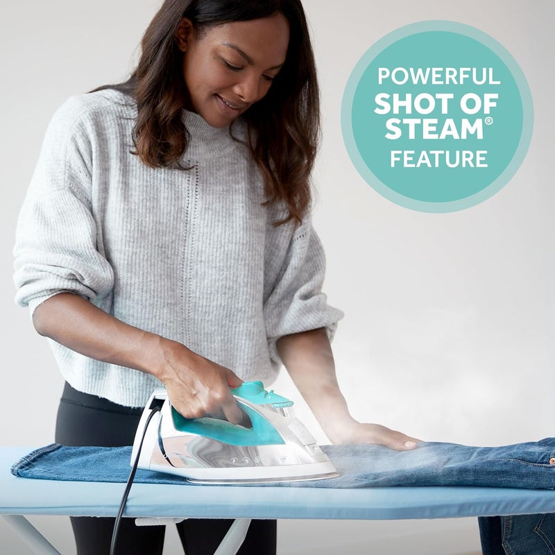 Sunbeam Turbo Steam Iron 1400W Quick Heat Stainless Steel Soleplate Shot of Steam Horizontal and Vertical 3 Way Auto Off 240ml Water Tank White Teal - Image 2