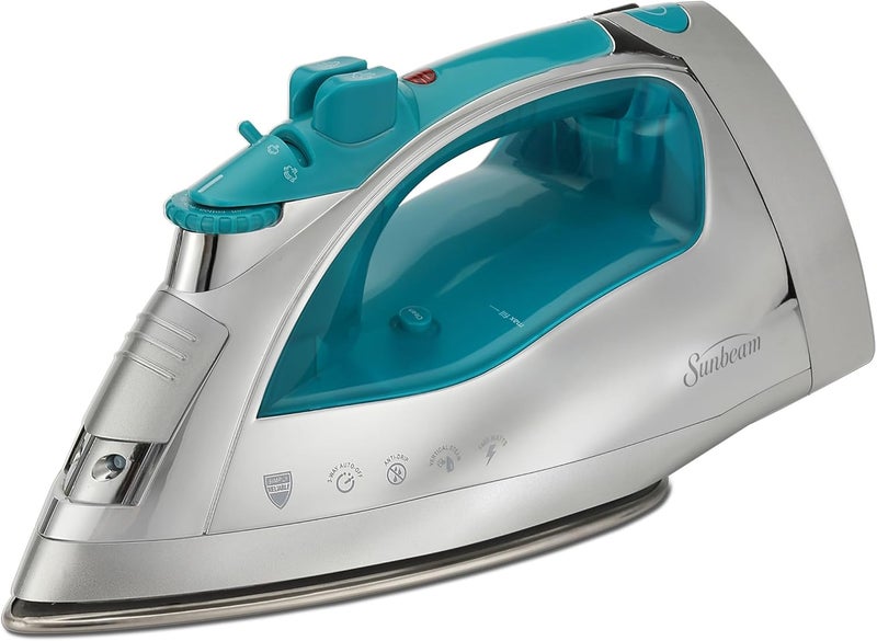 Sunbeam Turbo Steam Iron 1400W Quick Heat Stainless Steel Soleplate Shot of Steam Horizontal and Vertical 3 Way Auto Off 240ml Water Tank White Teal - Image 1