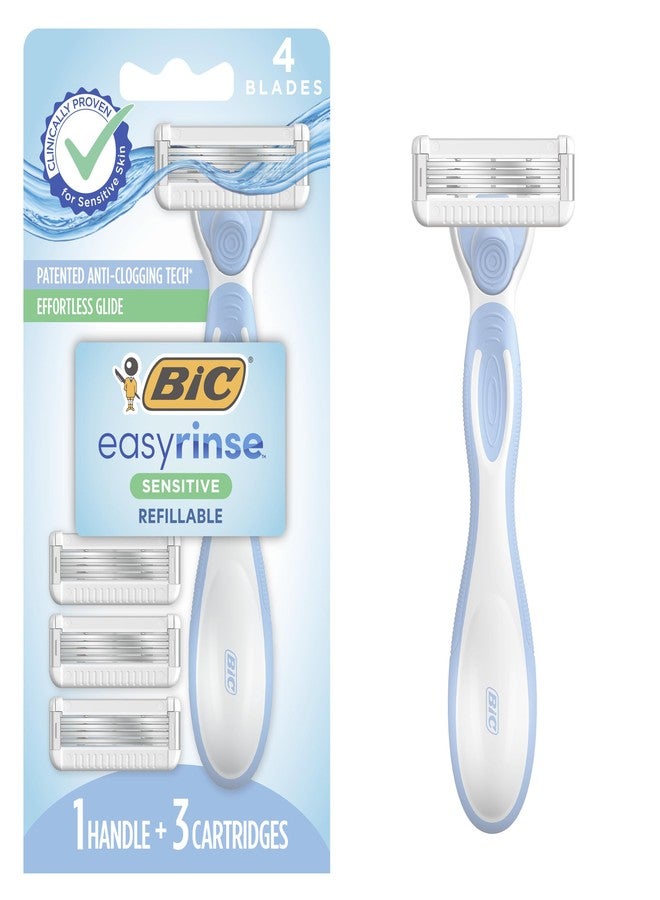 BIC EasyRinse Sensitive Anti-Clogging, Refillable Women's Razors With 4 Blades, 1 Razor Handle and 3 Refill Razor Cartridges Razor Kit - Image 1