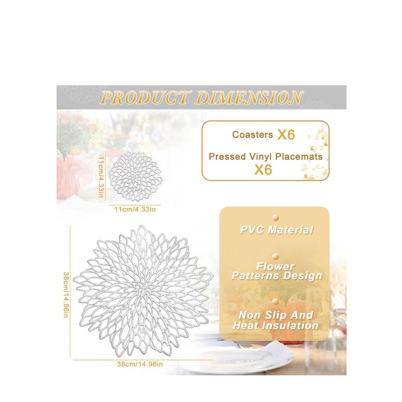 SOLARAE Round Placemats Set of 6 for Dinner Table Hollow-Out Vinyl Place Mats Round Placemats Laminated Plastic Morden Dining Table Decoration for Kitchen Table Decor (Silver) - Image 2