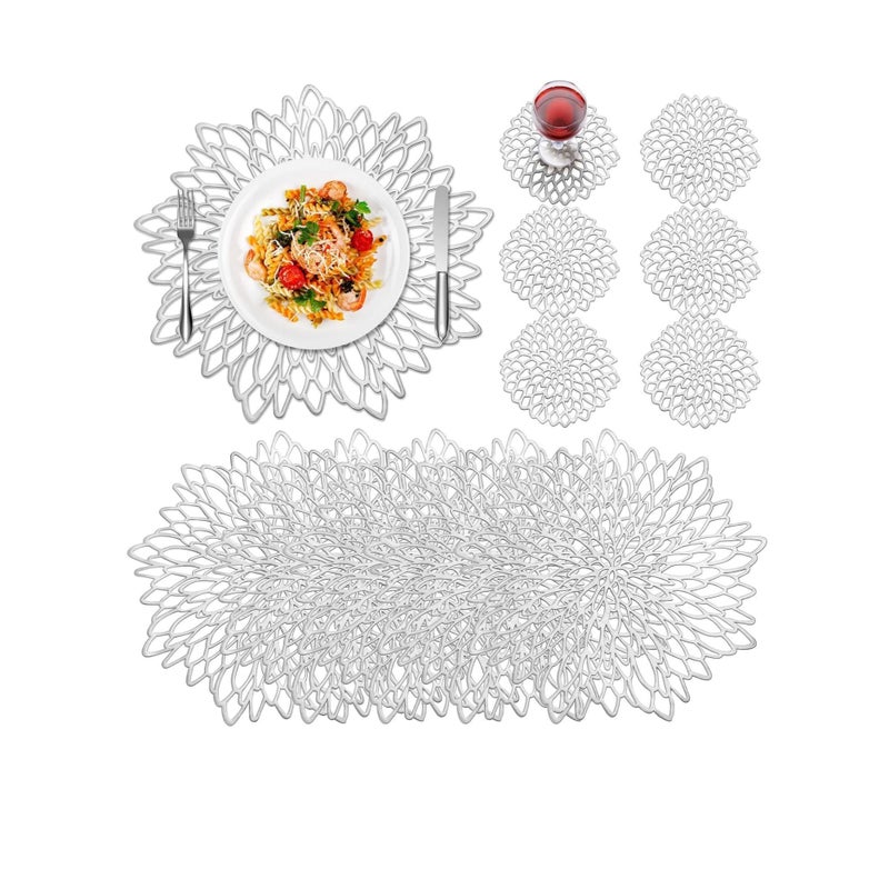 SOLARAE Round Placemats Set of 6 for Dinner Table Hollow-Out Vinyl Place Mats Round Placemats Laminated Plastic Morden Dining Table Decoration for Kitchen Table Decor (Silver) - Image 1