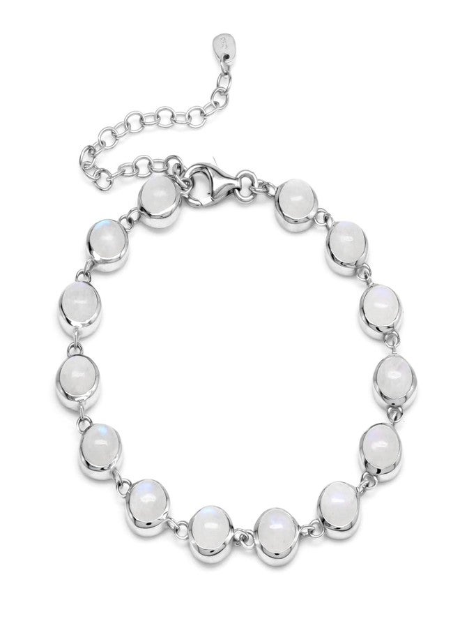 Silvershake Natural Round 6 mm Rainbow Moonstone 925 Sterling Silver Link Bracelet 6.75 to 8.75 Inch Adjustable - Image 1