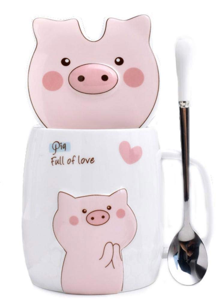 123Arts Ceramic Pig Coffee Mug Water Tea Cup With Lid Spoon - Image 1