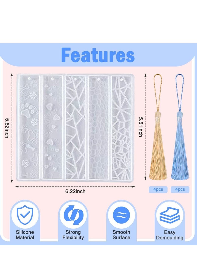 SYOSI - Bookmark Resin Mold Silicone Tassel Rectangle Leaves Texture Flower Shaped Casting Molds for Epoxy Resin Casting with 4 Tassels for DIY Bookmark Making - Image 1