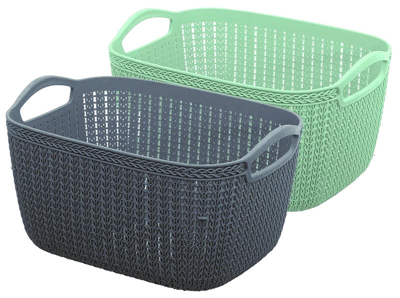 Kuber Industries Q-5 Unbreakable Plastic 2 Pieces Multipurpose Medium Size Flexible Storage Baskets/Fruit Vegetable Bathroom Stationary Home Basket with Handles (Light Green & Grey) - Image 1