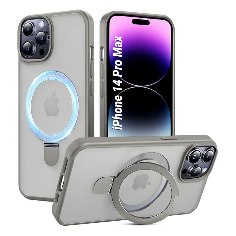 AIBEX Back Cover for Apple iPhone 14 Pro Max with OStand Ring Kickstand| Mag-Saf Compatible Magnetic Metal Alloy Ring| Wireless Charging|Slim Thin Scratch Resistant Armor|Shockproof Protective - Grey - Image 1