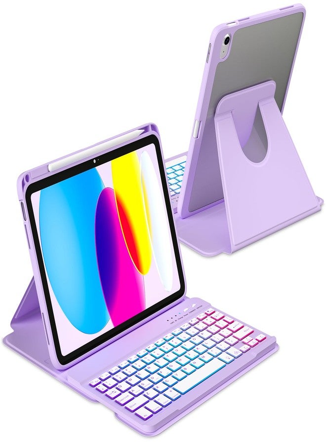 MMK for iPad 11th 10th Generation with Keyboard,iPad A16 Case with Keyboard, 7 Colors Backlit Wireless Removable, 360 Degree Rotating ipad A16 Case with Pencil Stand -Purple - Image 1