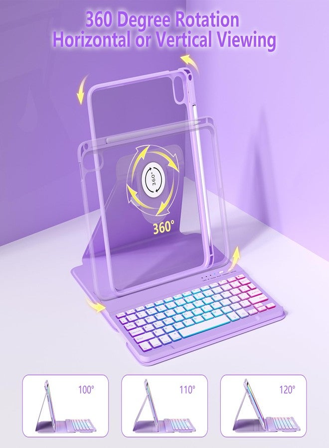 MMK for iPad 11th 10th Generation with Keyboard,iPad A16 Case with Keyboard, 7 Colors Backlit Wireless Removable, 360 Degree Rotating ipad A16 Case with Pencil Stand -Purple - Image 3