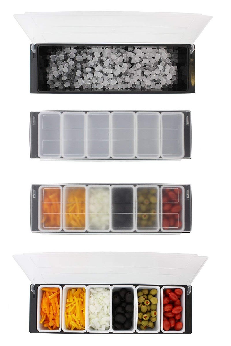 THW Plastic Ice Cooled Condiment Holder Dispenser Tray|6-Compartment Garnish Tray for Candy,Dips & Salad|Chilled Serving Container for Home,Work,Restaurants & Bars|Keeps Food Fresh & Organized,Black - Image 2