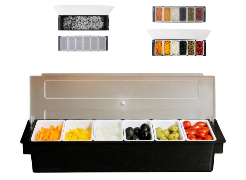 THW Plastic Ice Cooled Condiment Holder Dispenser Tray|6-Compartment Garnish Tray for Candy,Dips & Salad|Chilled Serving Container for Home,Work,Restaurants & Bars|Keeps Food Fresh & Organized,Black - Image 1