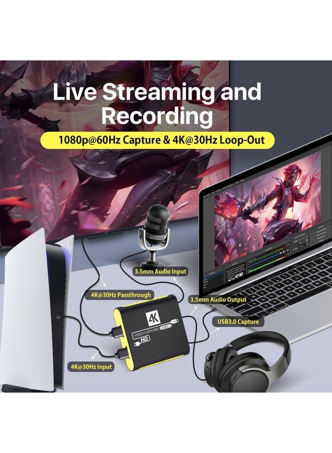 SUDTREEV Capture Card for Nintendo Switch 2, Switch 1, OLED, Steam Deck, PS4, PS5, Xbox, 1080P 60FPS, 4K@30Hz HDMI Video Input and Passthrough, HDMI to USB3.0, Compatible with OBS,YouTube,TikTok, Mac,Windows - Image 3