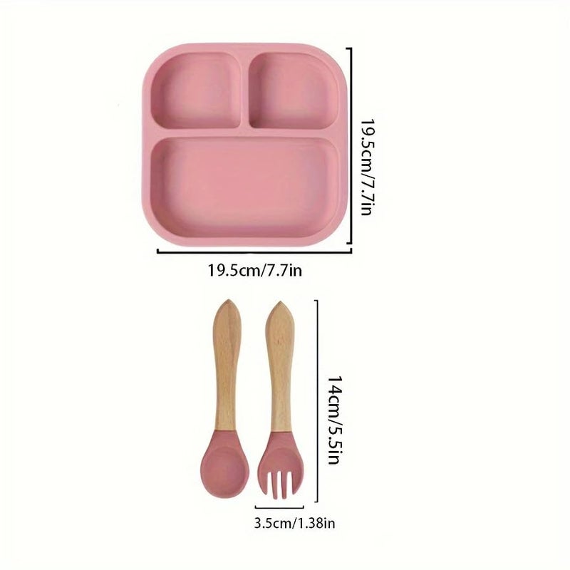 NIRVITTHAL Baby FeedingPlate, Silicone Divided Suction Plate, Toddler Wooden Spoons & Forks| Baby Led Weaning Supplies Self Feeding Eating Utensils (Yellow) - Image 2