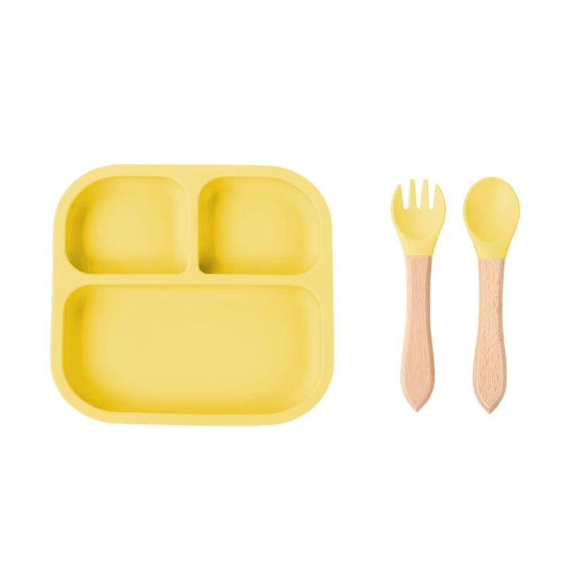 NIRVITTHAL Baby FeedingPlate, Silicone Divided Suction Plate, Toddler Wooden Spoons & Forks| Baby Led Weaning Supplies Self Feeding Eating Utensils (Yellow) - Image 1
