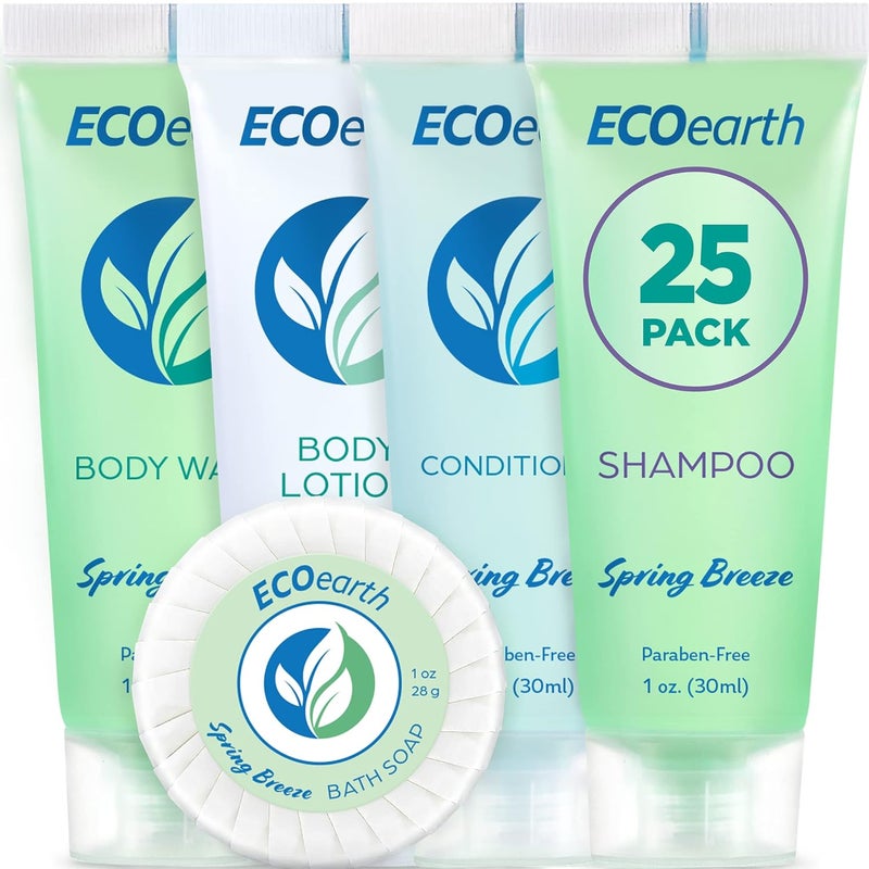 EcoEarth Hotel Toiletries Bundle Spring Breeze 1 oz each 125 Pieces 5Piece Set 25 each Round Bar Soap Shampoo Conditioner Body Lotion  Body Wash  Bulk Mini Guest Amenities