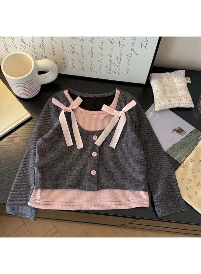 Spring New Korean Style Children's Fashionable Bottoming Shirt Girls Sweet And Easiest For Match Fake Two-piece T-shirt Top