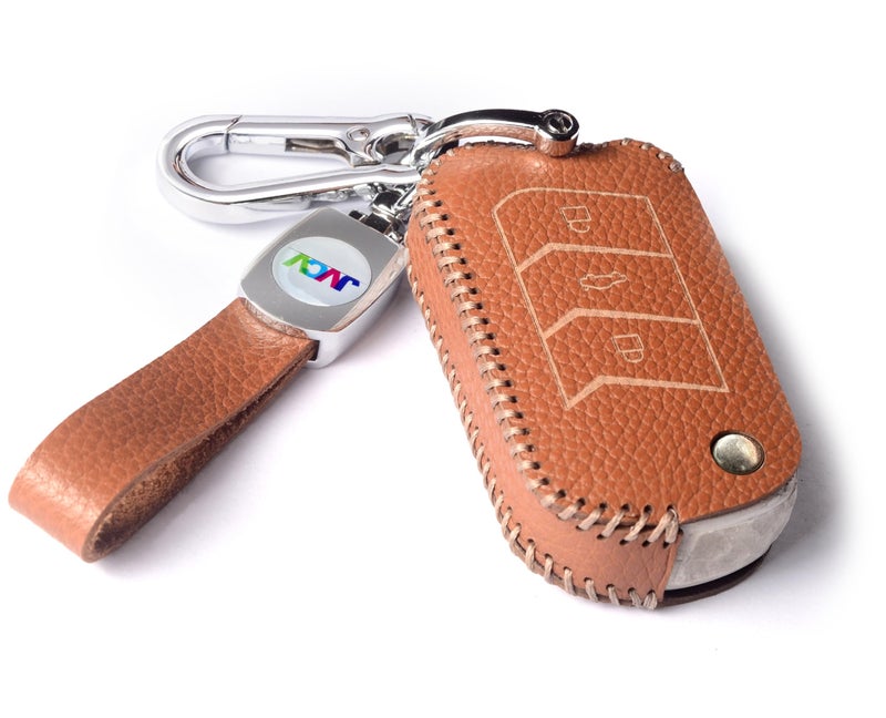 JVCV® Soft Handmade Lychee Pattern Leather Key Cover Compatible with Mahindra XUV 700 3XO Thar Marazzo Bolero Scorpio Scorpio N XUV 300 XUV 400 EV Thar Roxx 3 Button Flip Key (Brown) - Image 1