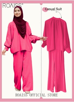 roaiss 2Pcs Women's Casual Set Long Sleeved Top and Pants of The Same Color Malay Indonesia Style Loose Casual  Dress  for Ladies Party Ramadan Eid al-Adha  - Image 1