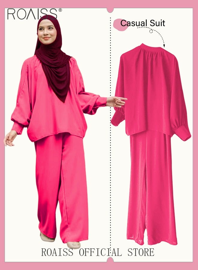 roaiss 2Pcs Women's Casual Set Long Sleeved Top and Pants of The Same Color Malay Indonesia Style Loose Casual  Dress  for Ladies Party Ramadan Eid al-Adha  - Image 1