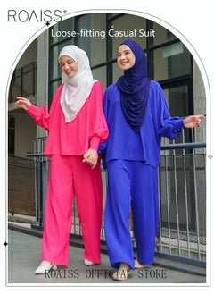 roaiss 2Pcs Women's Casual Set Long Sleeved Top and Pants of The Same Color Malay Indonesia Style Loose Casual  Dress  for Ladies Party Ramadan Eid al-Adha  - Image 4