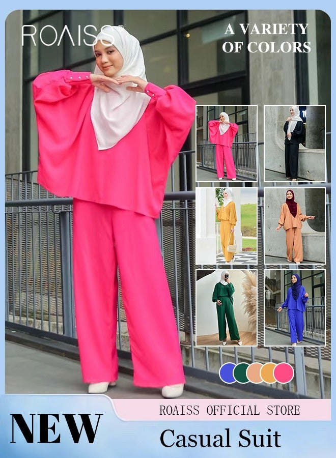 roaiss 2Pcs Women's Casual Set Long Sleeved Top and Pants of The Same Color Malay Indonesia Style Loose Casual  Dress  for Ladies Party Ramadan Eid al-Adha  - Image 2