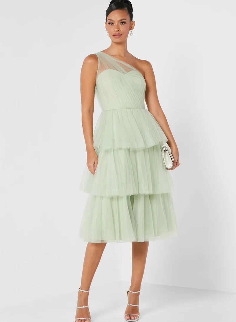 Chi-Chi London One Shoulder Layered Mesh Dress