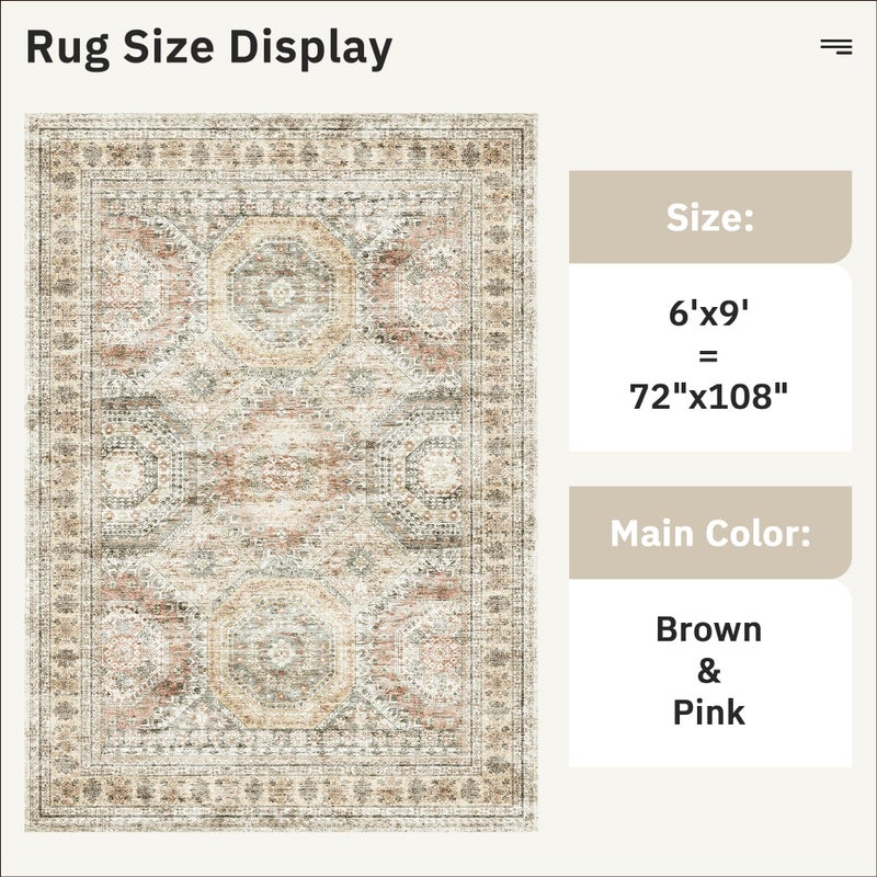 Soalmost 6x9 Area Rug for Living Room Washable 6x9 Non-Slip Modern Rugs for Bedroom Dinning Room Ultra-Thin Indoor Brown Pink - Image 3
