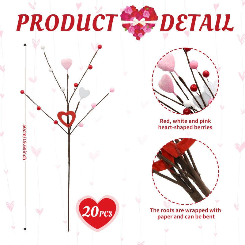 nuvagiki Valentine's Day Decor, 20 Pack Heart Berry Stems Valentines Day Decorations for Tree, Artificial Flowers Valentine Picks for Wreath, Valentine's Day Gifts, Valentines House Decorations - Image 3