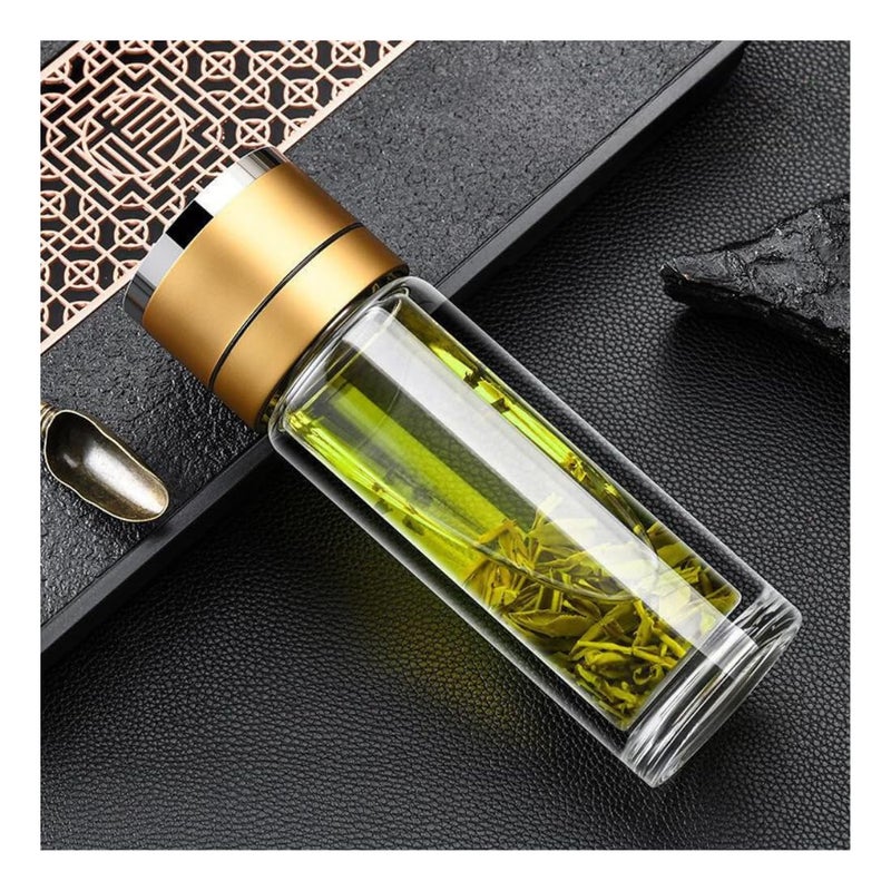 Tabletext Tabletext Premium Double Wall Glass Tea Infuser Bottle with Stainless Steel Filter Portable 13Oz Tea Tumbler for Loose Leaf Tea Fruit Infusions and Herbal Beverages Leakproof Design Gold  - Image 1