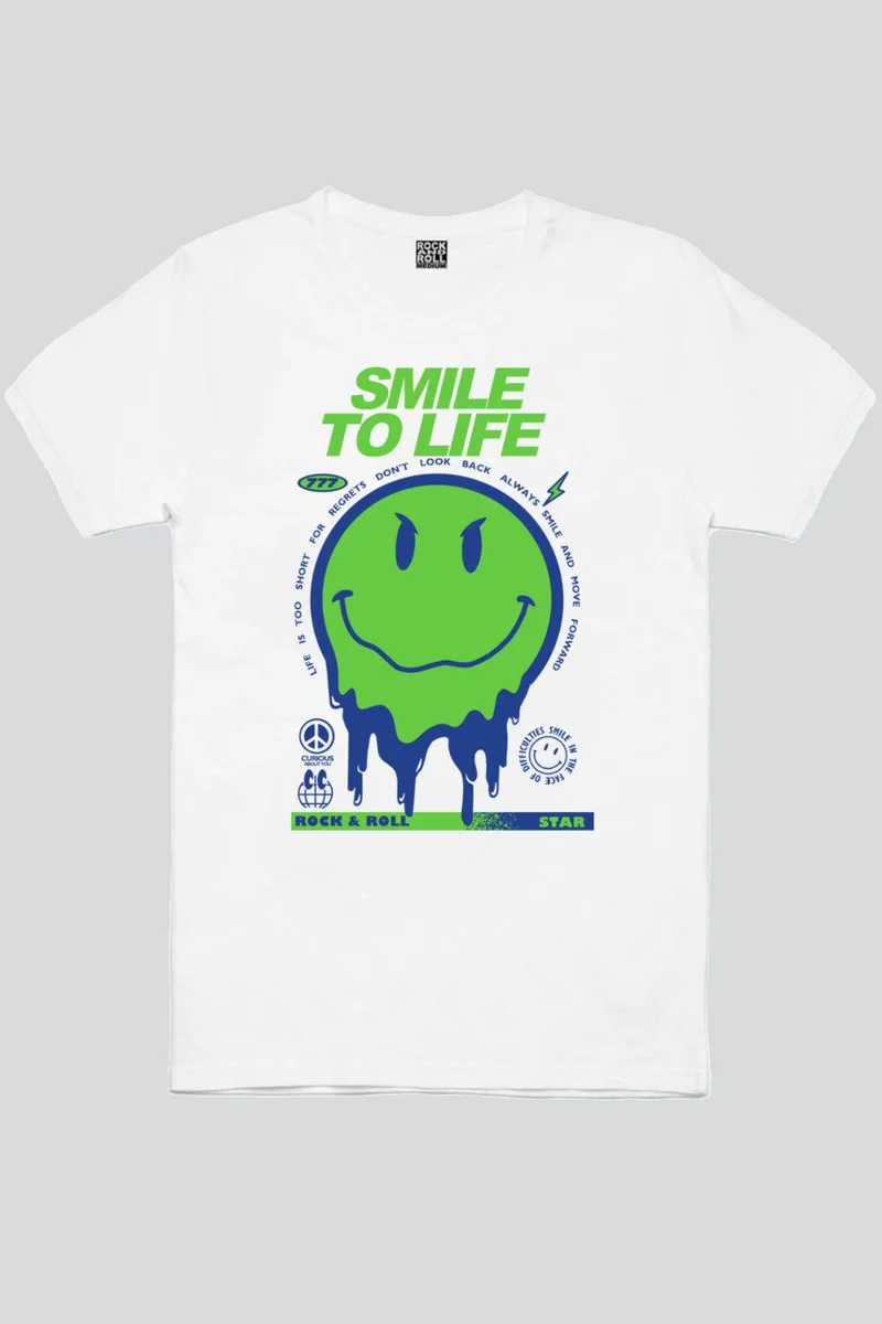 Rock&Roll  Smile at Life White Short Sleeve Men's T-Shirt for Men | Best Price UAE