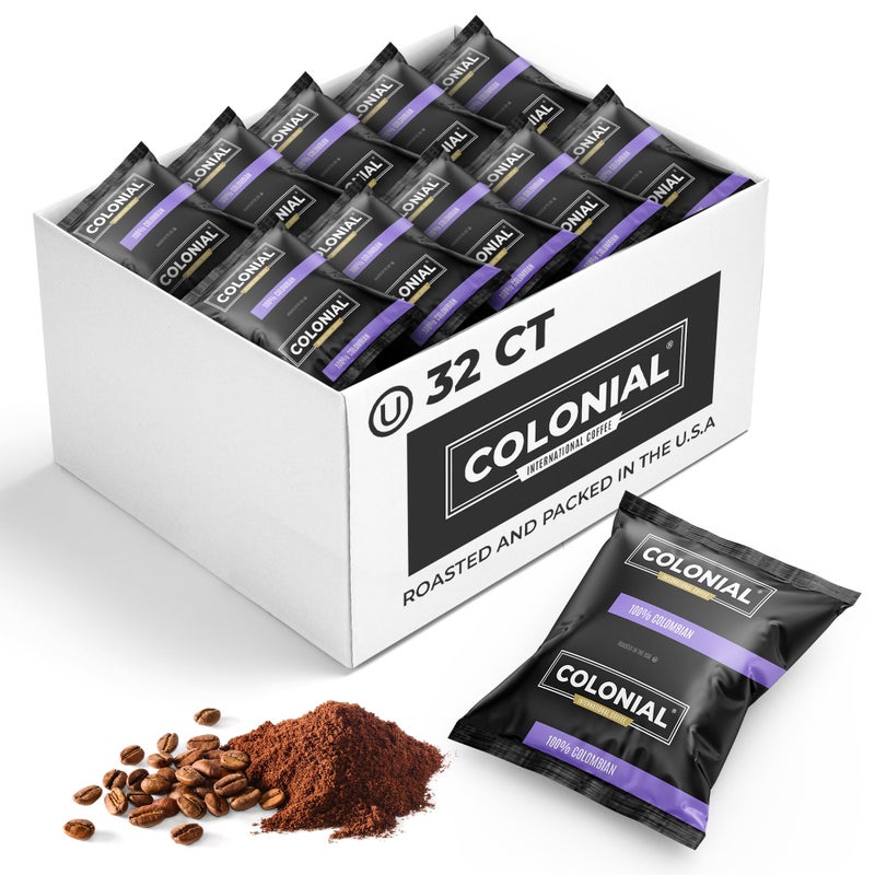 Colonial Coffee 32 Count Single Pot Coffee Packets - 100% Arabica Colombian Medium Roast | Pre-Measured Frac Packs for 12 Cup Maker | Bulk Ground Gourmet Coffee for Home & Office - Image 1