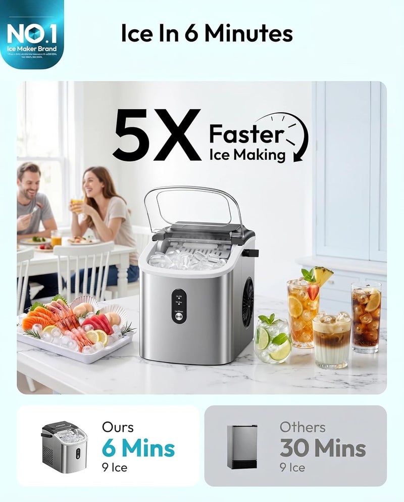 EUHOMY Ice Maker Countertop with Handle 9 Cubes in 6 Mins 12Kg/Day Auto-Cleaning Portable Ice Maker Machine with Ice Scoop & Basket & Clear View for Home/Kitchen/Party/Office(Silver) - Image 2