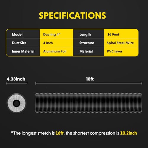 iPower Flexible 4 Inch 16 Feet Aluminum Ducting 4 Layer Protection Dryer Vent Hose for HVAC Heating Cooling Ventilation and Exhaust 2 Clamps Included Black - Image 3