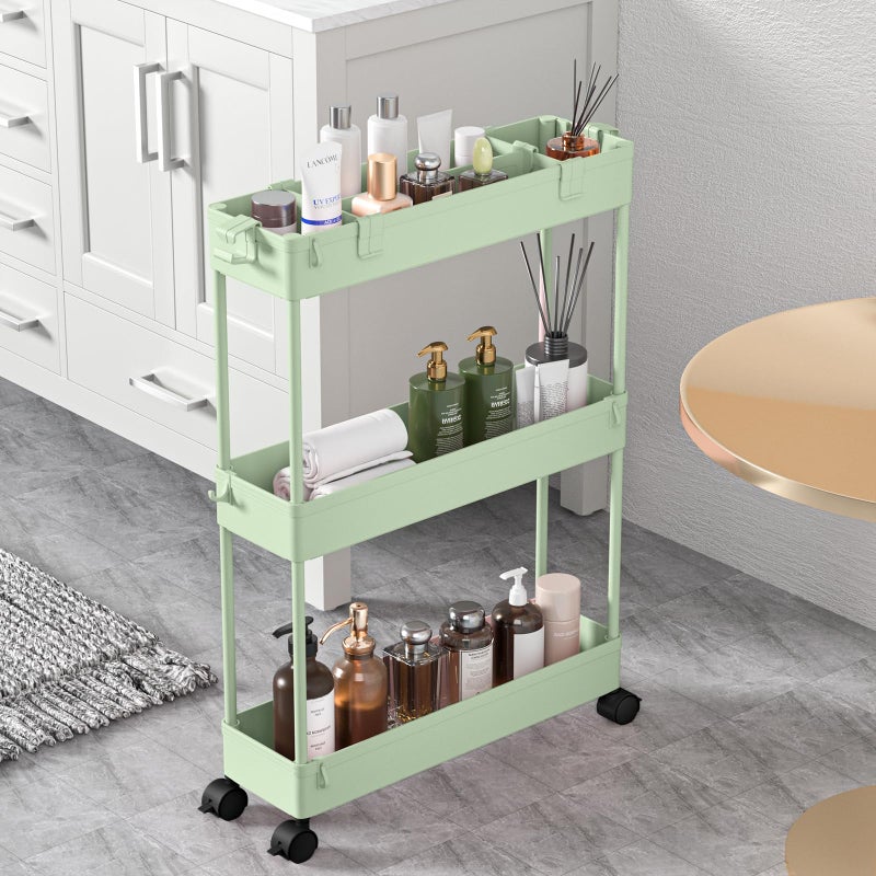 SPACELEAD Slim Storage Cart 3 TierBathroom Organizer Rolling UtilityMobile Shelving Unit Slide Out for Office Kitchen Laundry Room Narrow PlacesGreen
