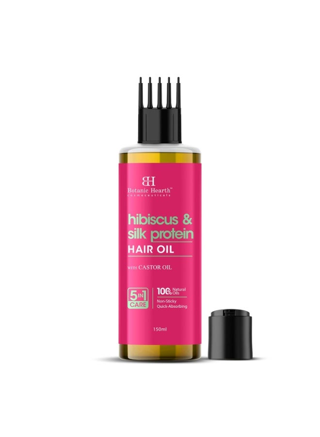 Botanic Hearth Hibiscus Silk Protein Hair Oil – 150ml – Nourishes & Strengthens Hair, Enhances Shine, Reduces Frizz, Promotes Healthy Hair Growth with Castor Oil - with Hair Oil Applicator - Image 1
