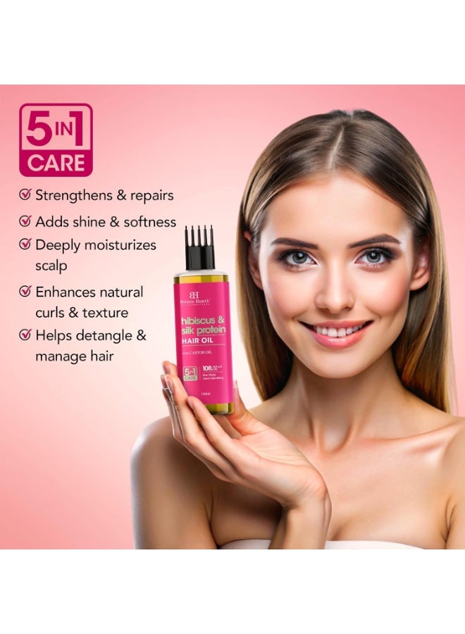 Botanic Hearth Hibiscus Silk Protein Hair Oil – 150ml – Nourishes & Strengthens Hair, Enhances Shine, Reduces Frizz, Promotes Healthy Hair Growth with Castor Oil - with Hair Oil Applicator - Image 5